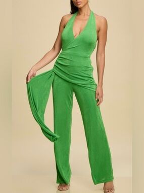 Emerald Halter Wide-Leg Jumpsuit with Draped Sash